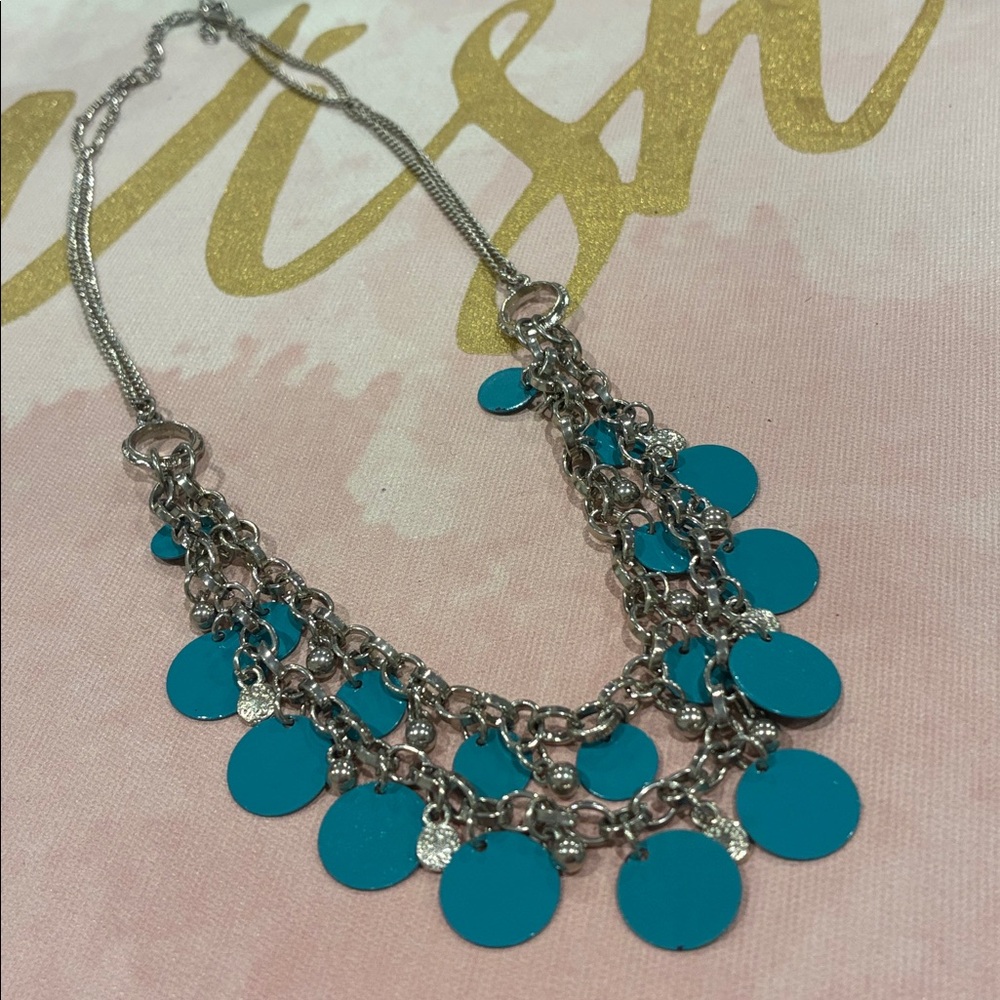 Silver Dual Stands and Blue Metal Enamel Disc Necklace